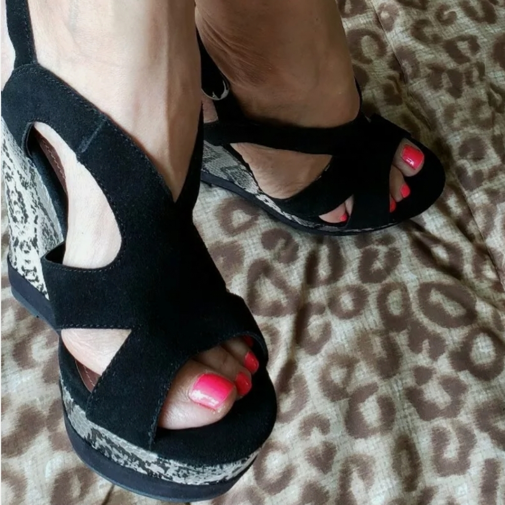 Bakers Snakeskin Black Suede Wedge Heels